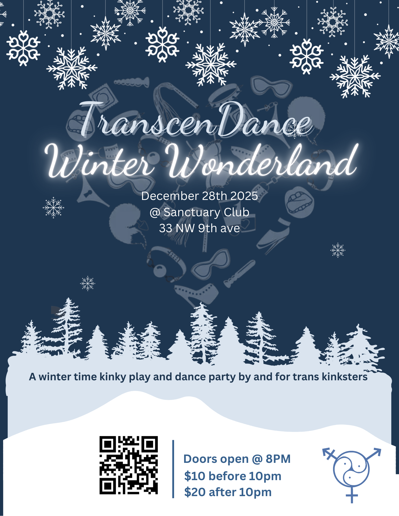 Transcendance winter wonderland winter themed kinky play and dance party by and for transgender kinksters flyer